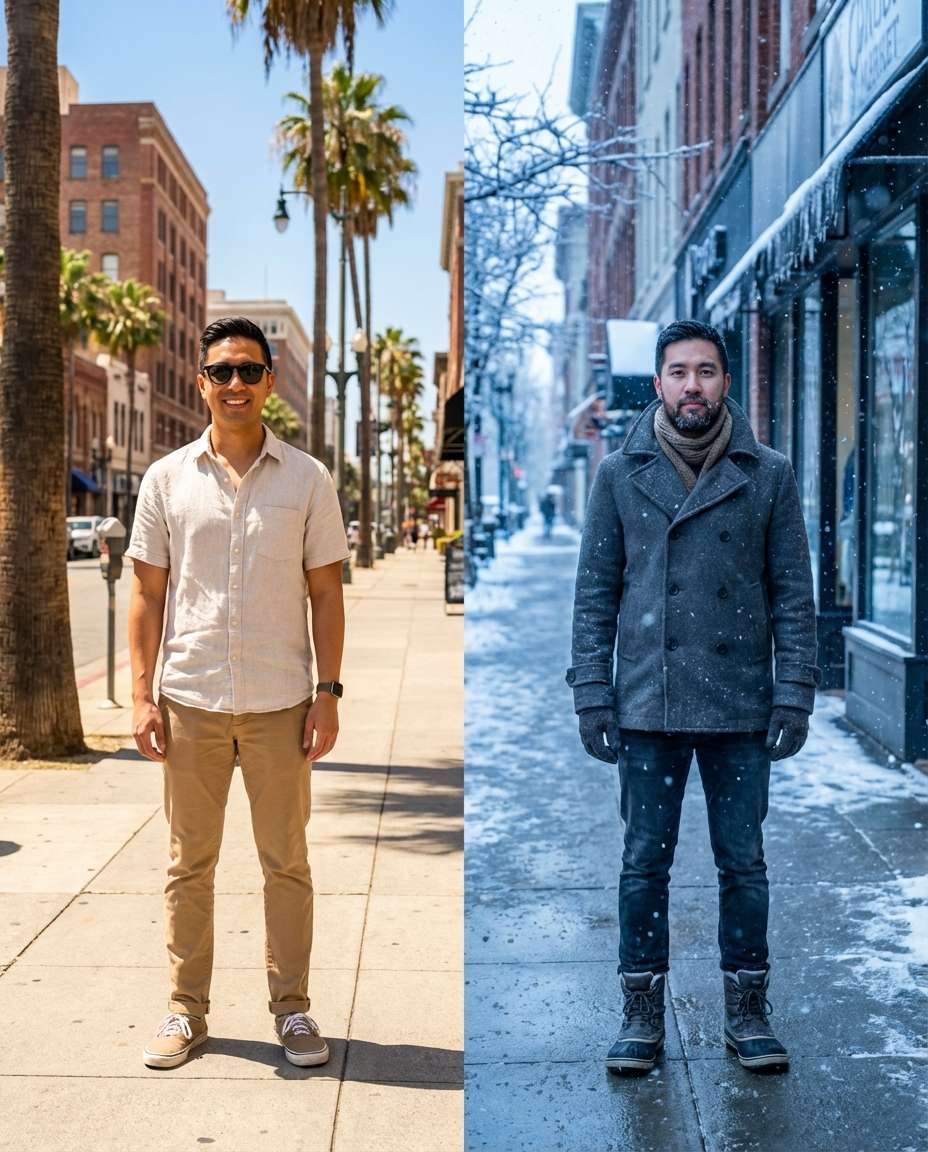 Summer vs Winter Outfit AI portrait — AI Split Photo Prompt