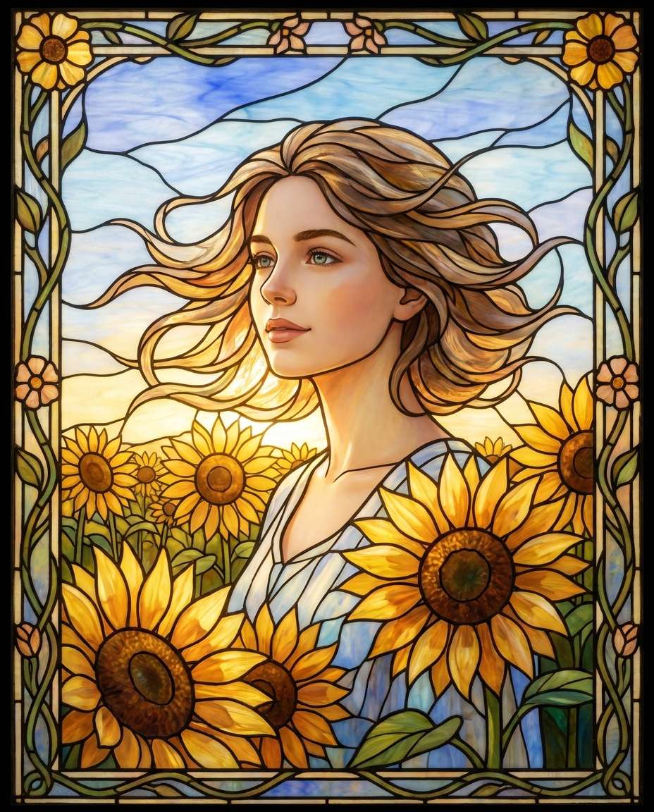 Sunflower Daydream AI portrait — Gemini AI Stained Glass Art Prompt
