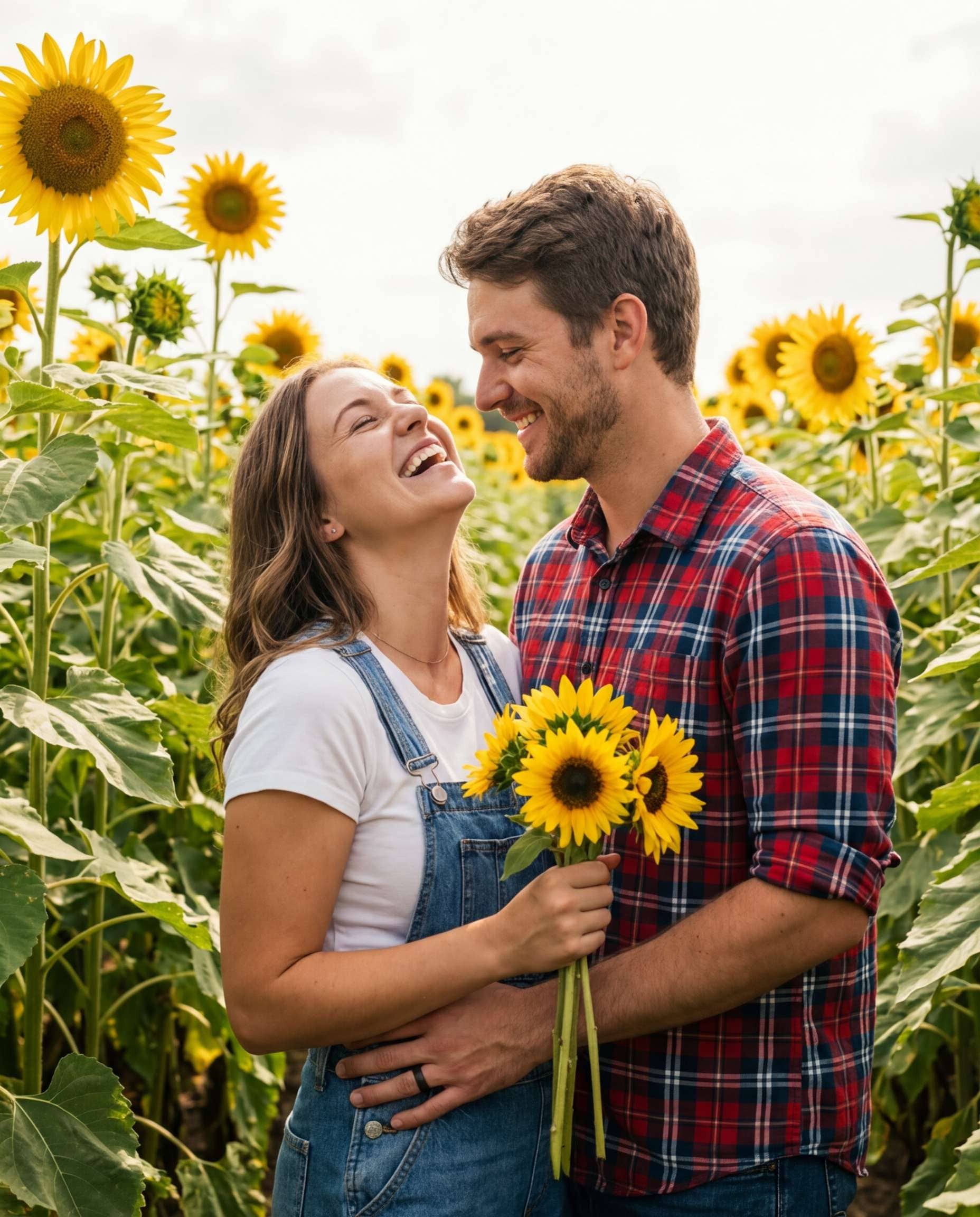 Sunflower Farm Hug AI portrait example — AI Couple Flower Photo