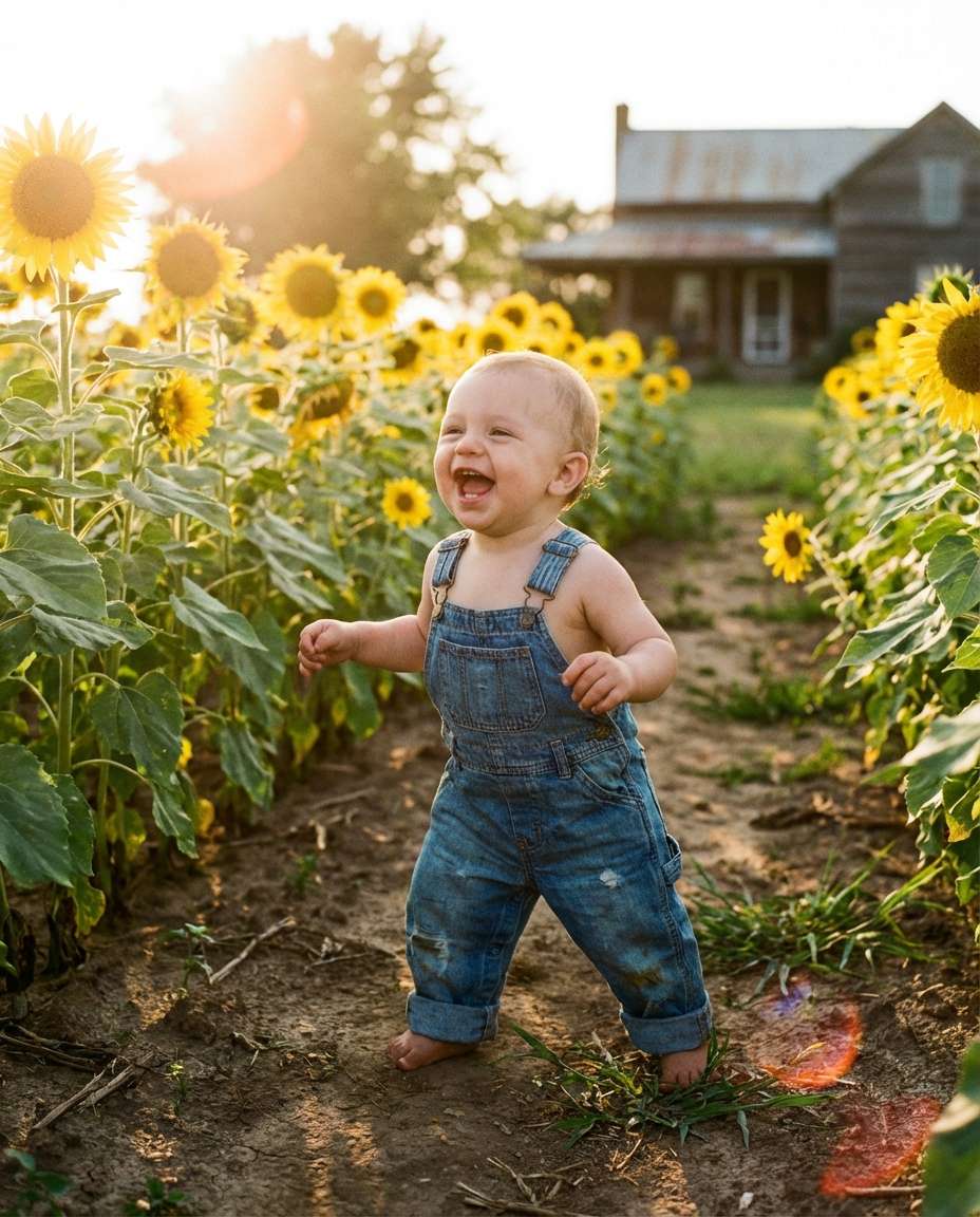 Sunflower Overalls Smile AI portrait example — AI Baby Flower Photo Prompt
