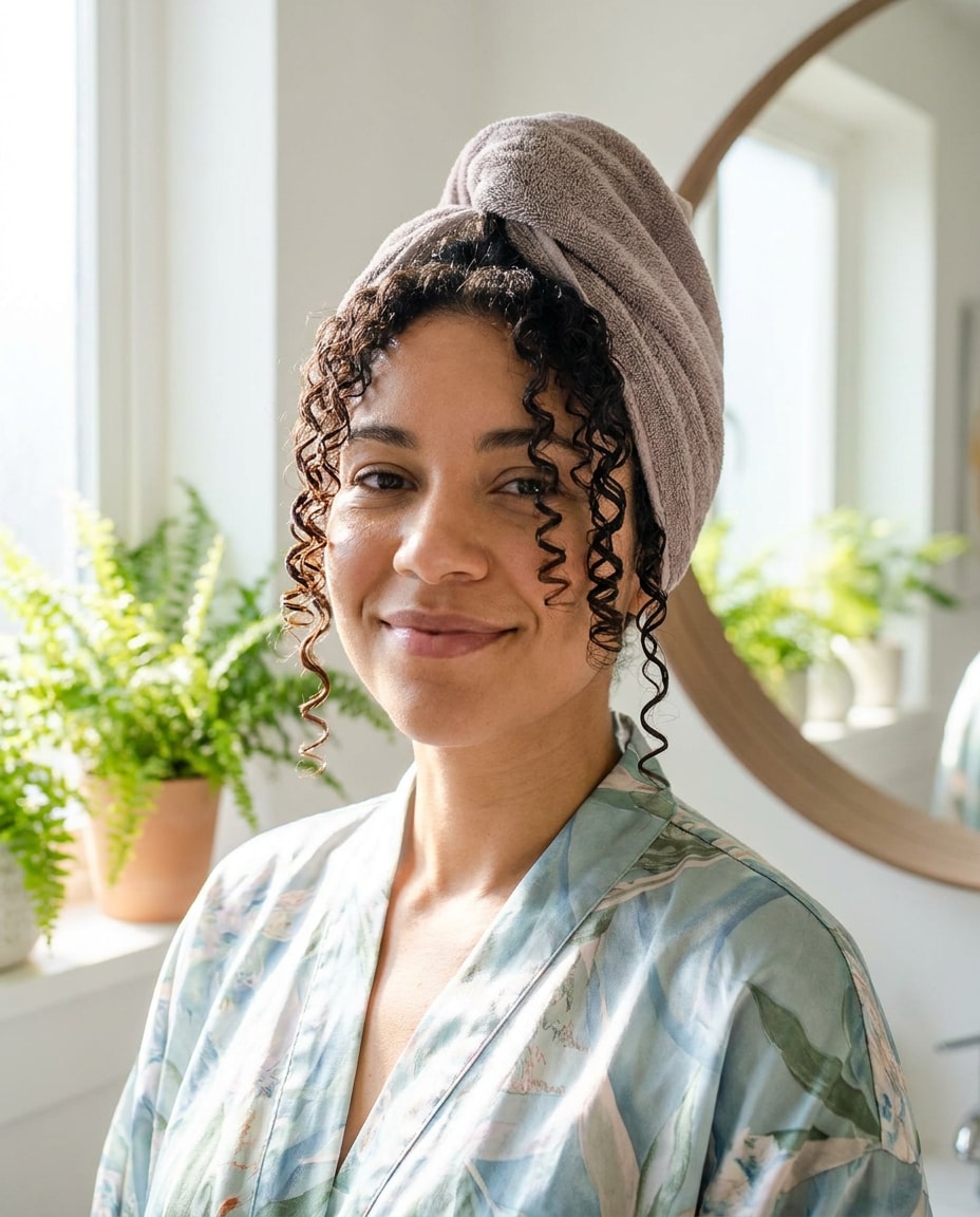 Sunlit Bathroom Curl Routine AI portrait