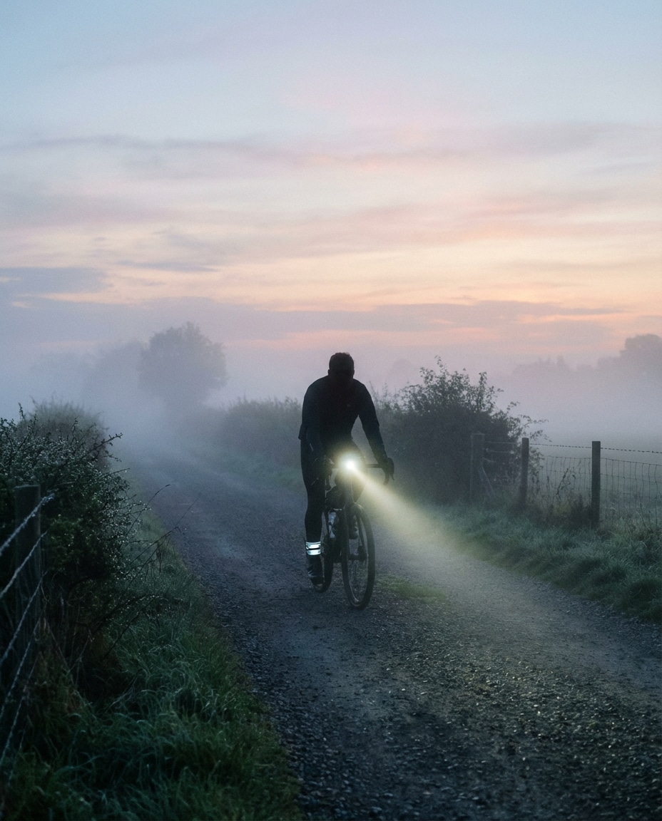 Sunrise Fog Ride AI portrait example — Gemini AI Cyclist Photo Prompts