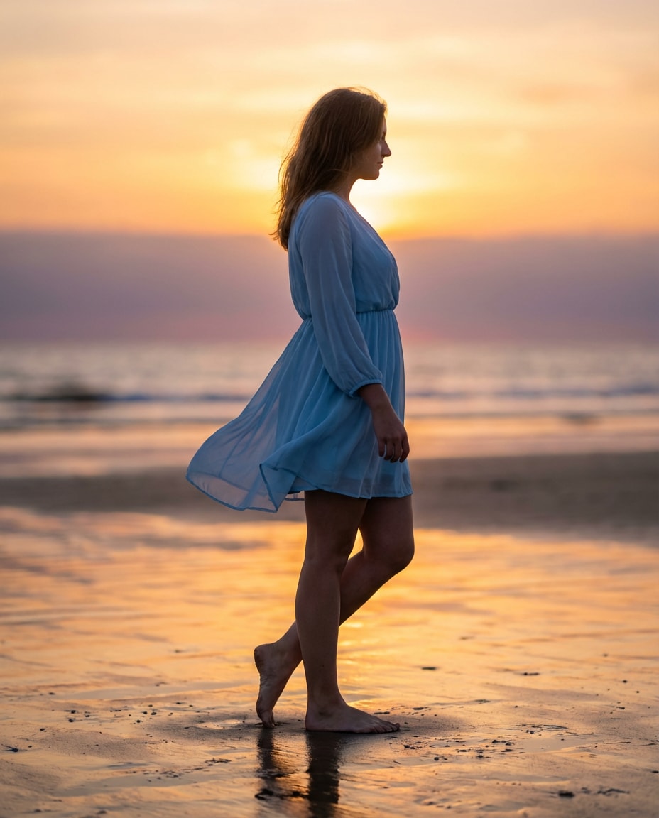 Sunset Beach Walk AI portrait — Gemini AI Short Dress Prompt