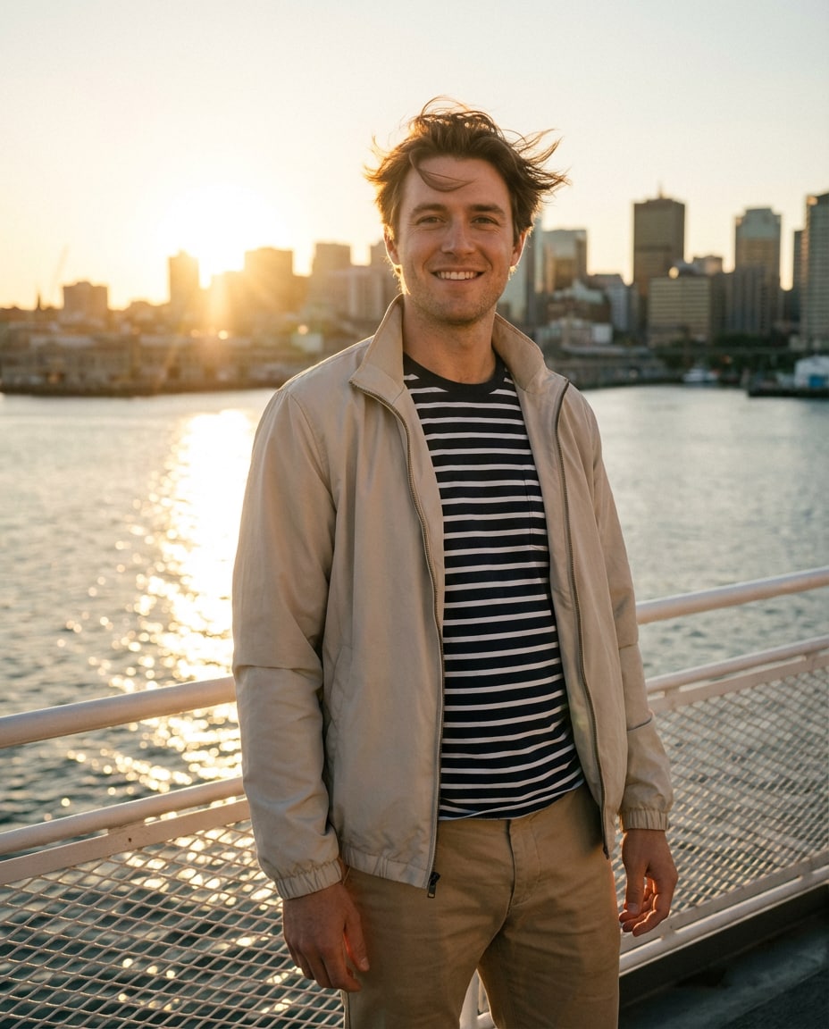 Sunset Ferry Deck AI portrait example — AI Travel Photography Prompt
