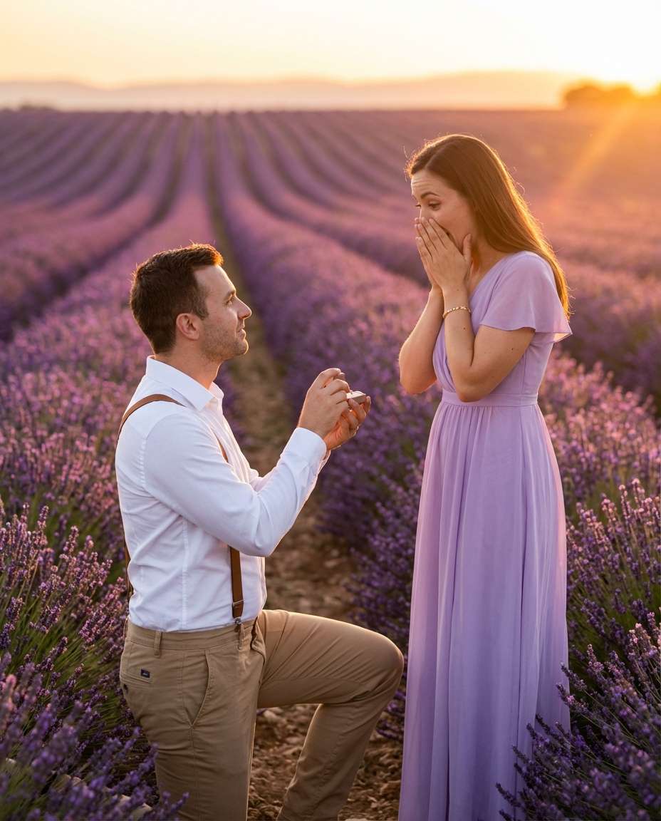 Sunset Proposal Moment AI portrait example — AI Lavender Field Photo