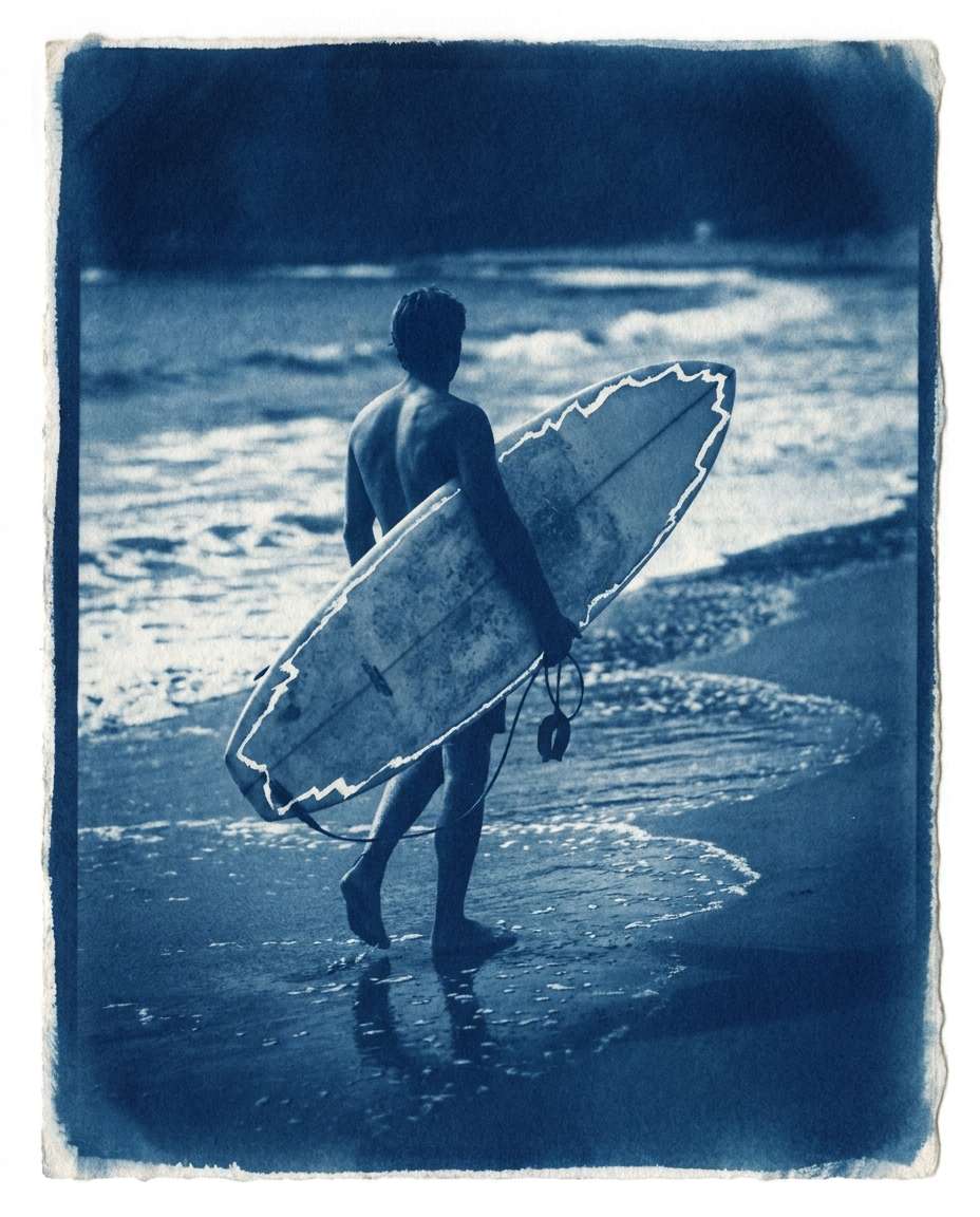Surfboard Walk Scene AI portrait example — Free AI Cyanotype Photo Prompts for Gemini & ChatGPT