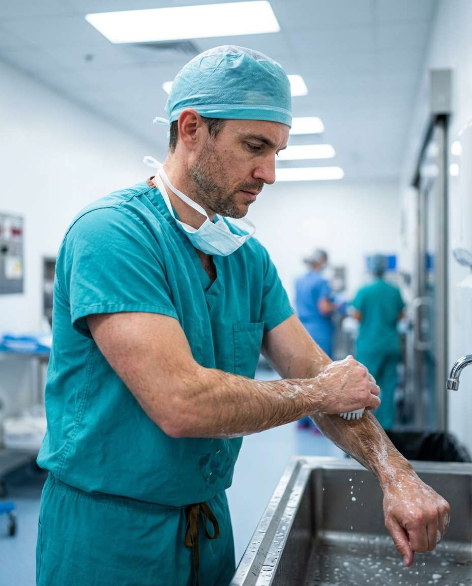 Surgeon Prep Scrub Sink AI portrait example — AI Doctor Photography Prompt