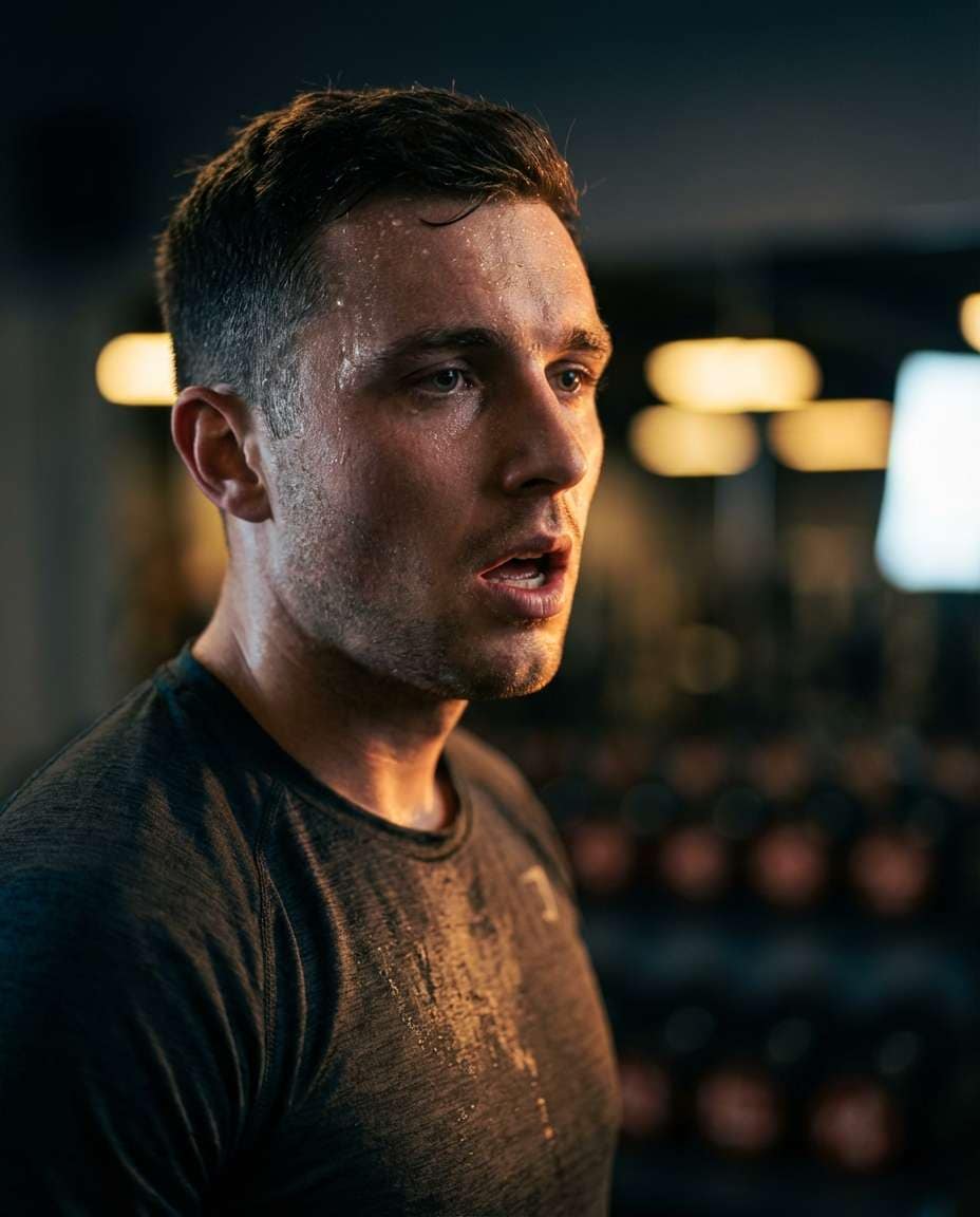 Sweaty Close-Up Focus AI portrait — Gemini Gym Photo Prompt
