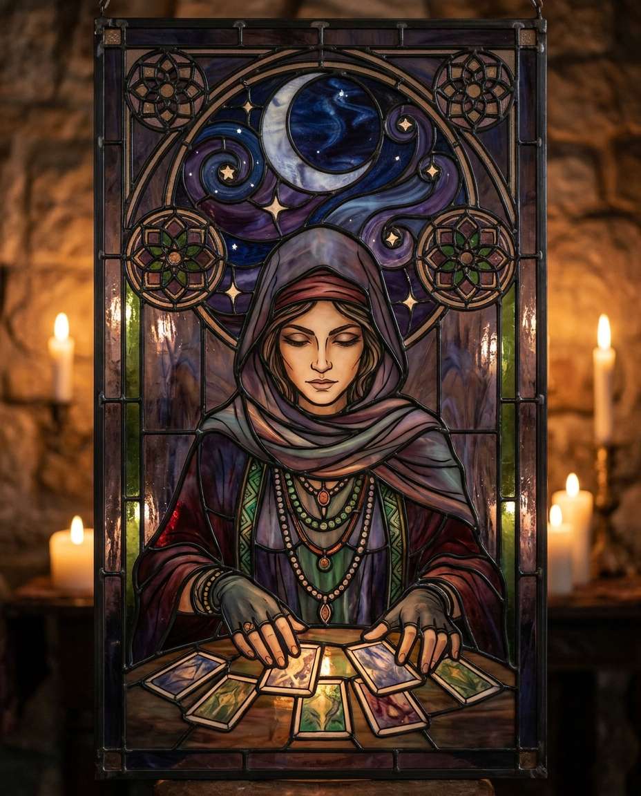 Tarot Reader Aura AI portrait — Gemini AI Stained Glass Art Prompt