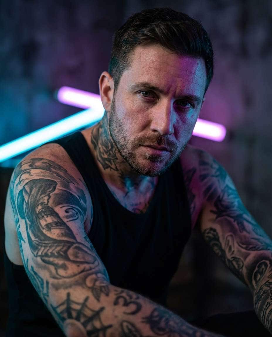Tattoo Neon Edge Light AI portrait example — AI Neon Light Effect Photo Prompt