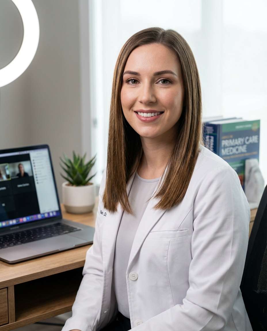 Telemedicine Desk Setup AI portrait example — Gemini AI Doctor Photo Prompt
