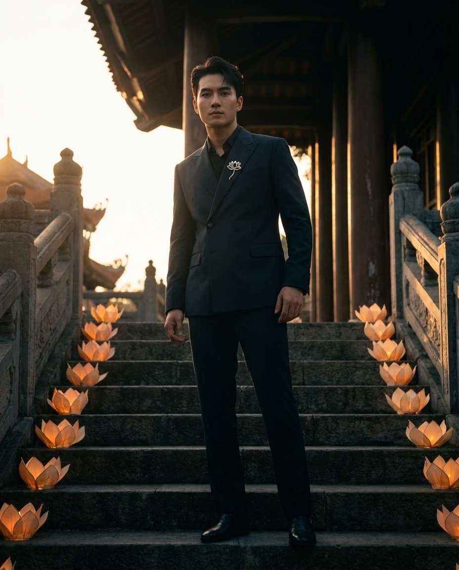 Temple Steps Editorial AI portrait example — AI Lotus Flower Photo Prompt