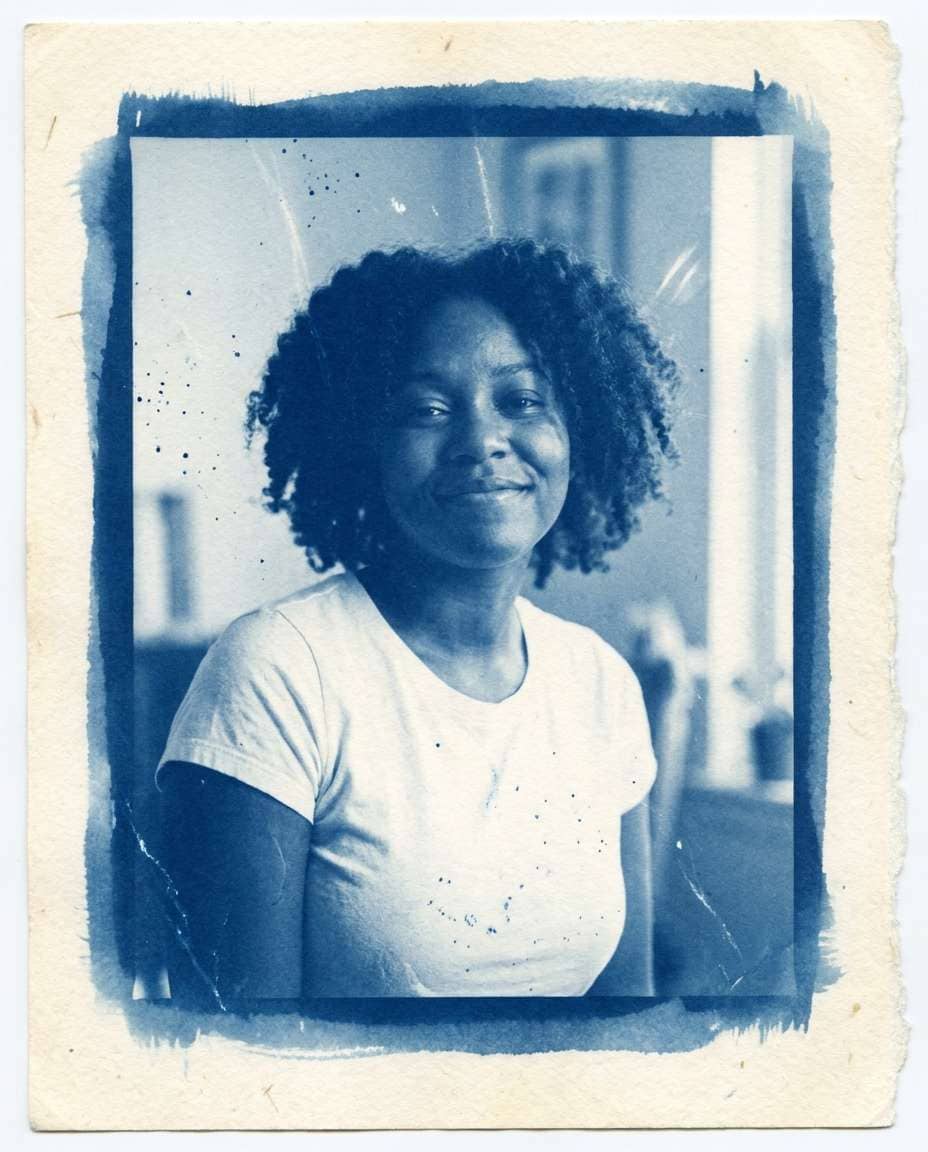 Torn Edge Selfie AI portrait example — Free AI Cyanotype Photo Prompts for Gemini & ChatGPT