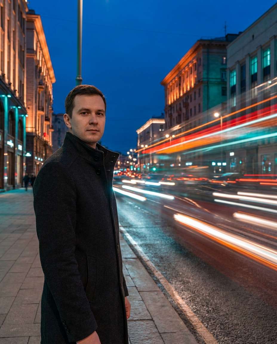 Traffic Trails Portrait AI portrait — Gemini AI Blue Hour Photo Prompt