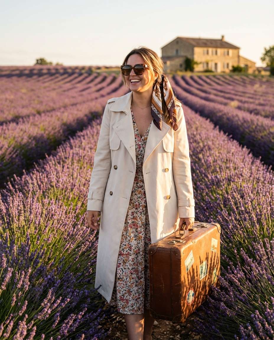 Travel Influencer Suitcase AI portrait example — AI Lavender Field Photo