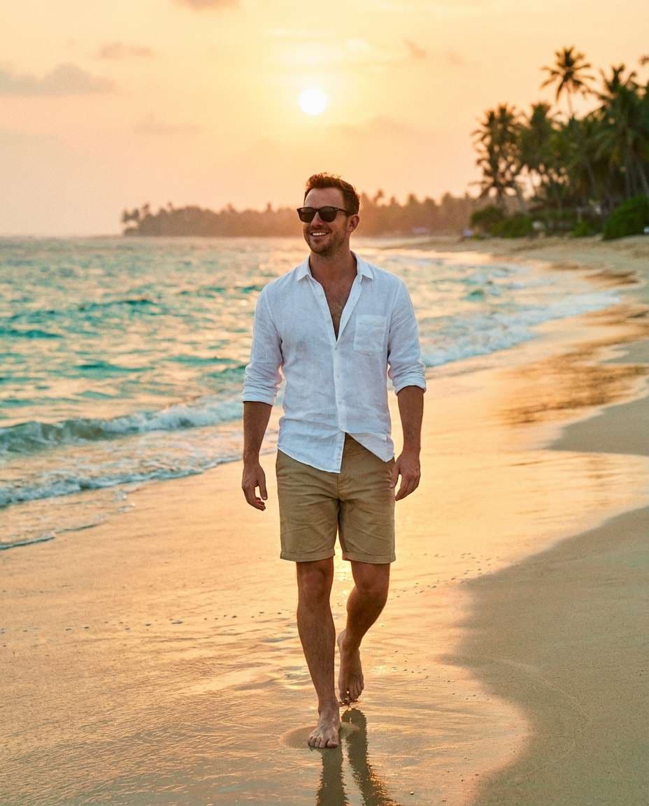 Tropical Beach Stroll AI portrait example — AI Travel Photography Prompt