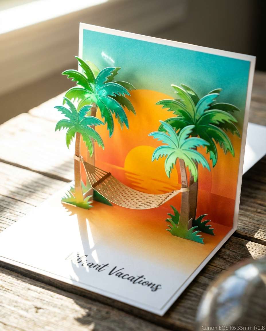 Tropical Palm Paradise AI portrait example — AI 3D Pop-up Card Prompt