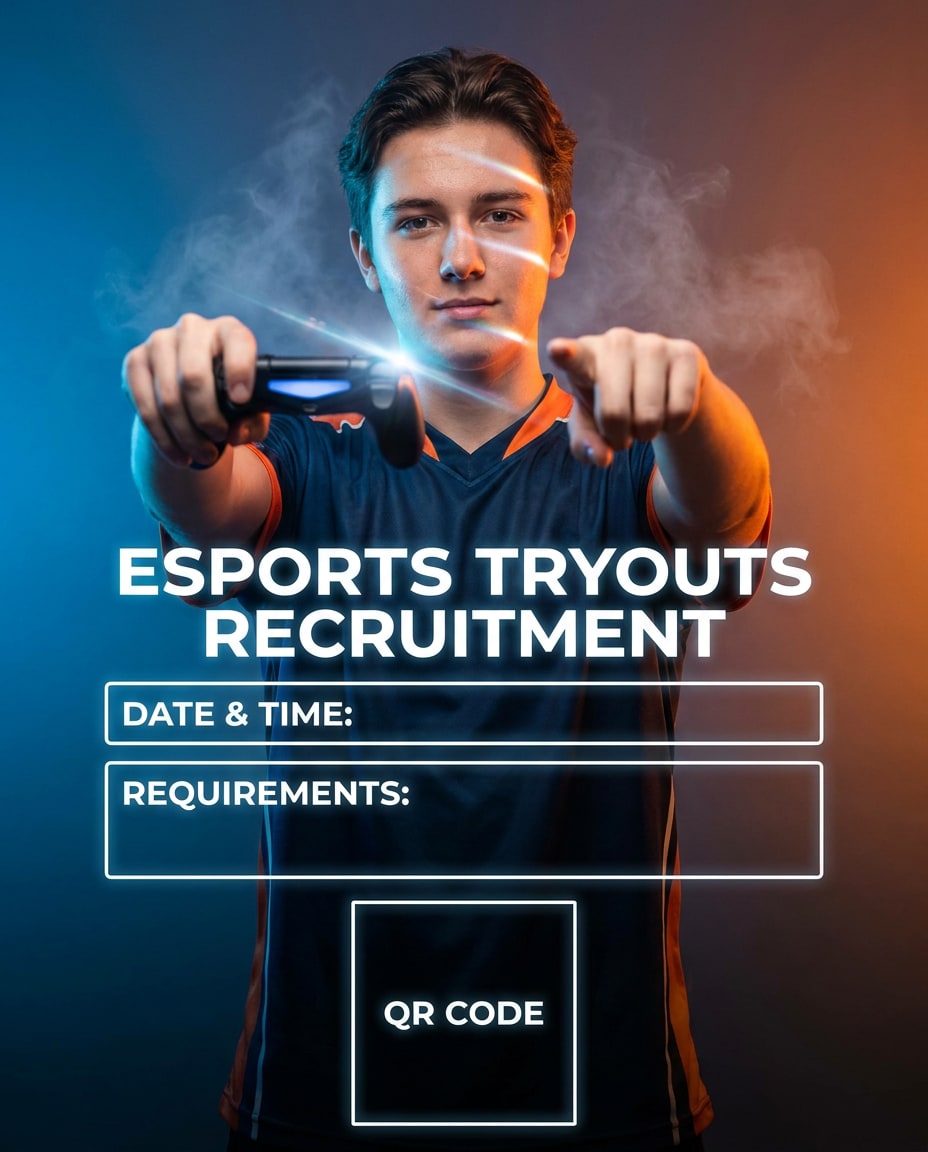 Tryouts Recruitment AI portrait — Gemini AI Esports Poster Prompts