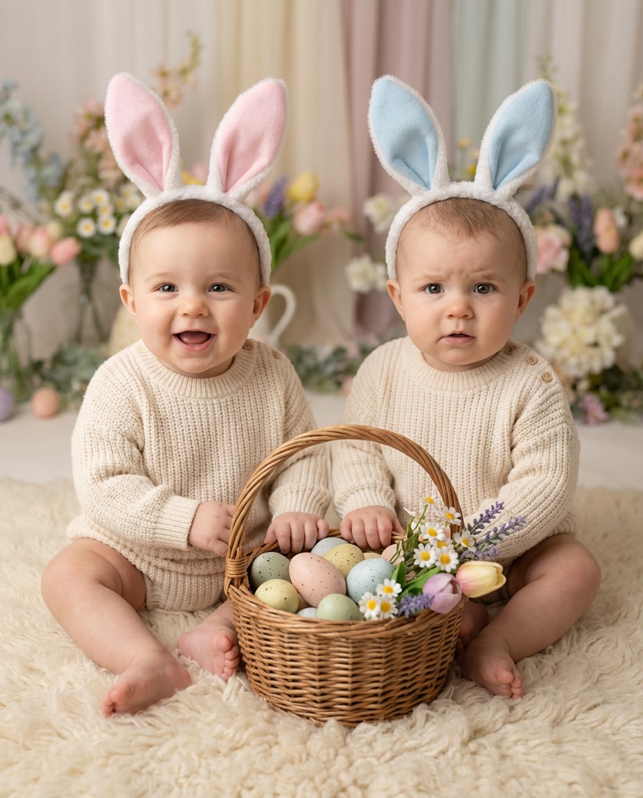 Twin Bunny Besties AI portrait example — AI Easter Baby Photography Prompt