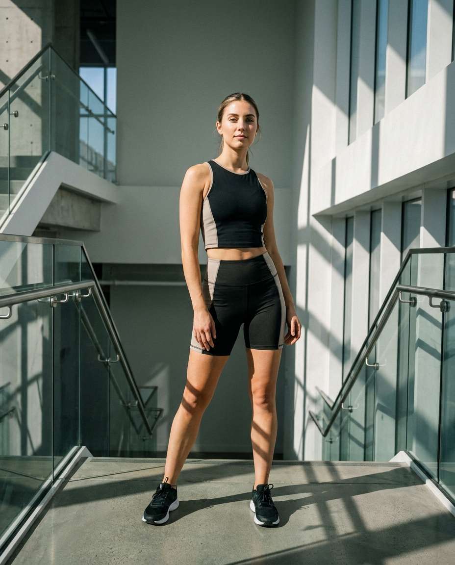 Two-Tone Bike Shorts AI portrait example — Gemini AI Prompt for Workout Clothes