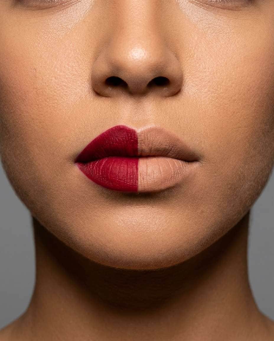 Two-Tone Split Lip AI portrait example — Gemini Lipstick Prompt
