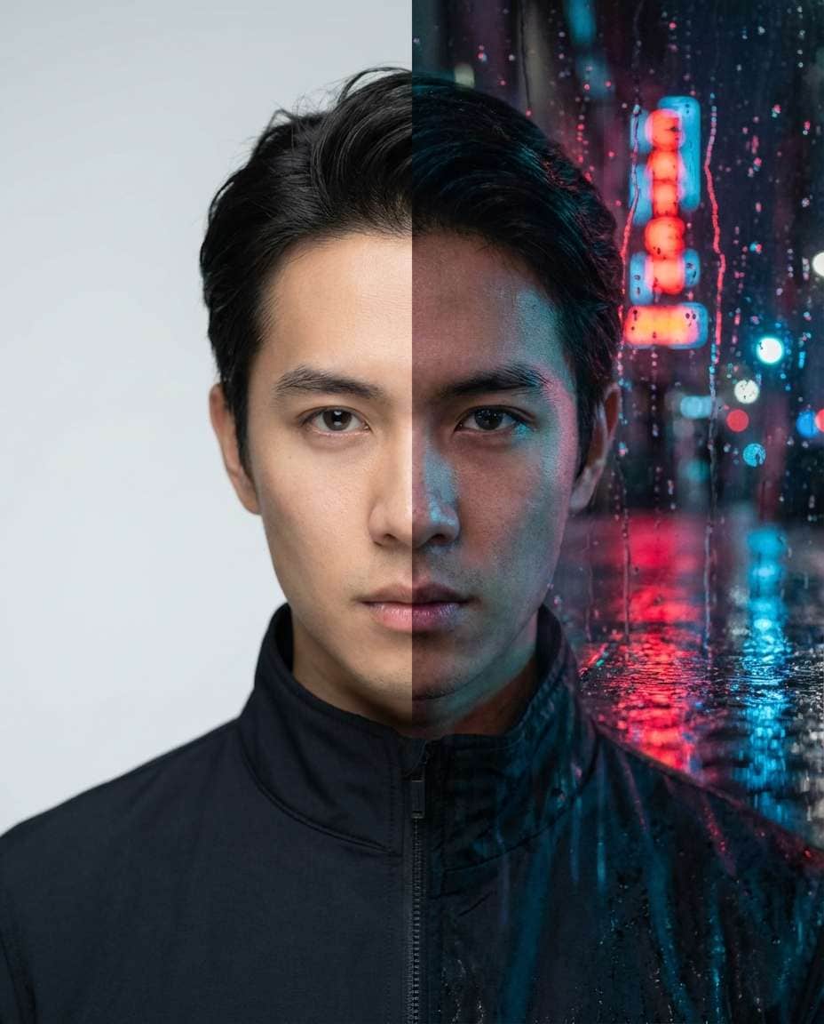 Two Worlds Background Split AI portrait example — Gemini AI Half Face Prompt