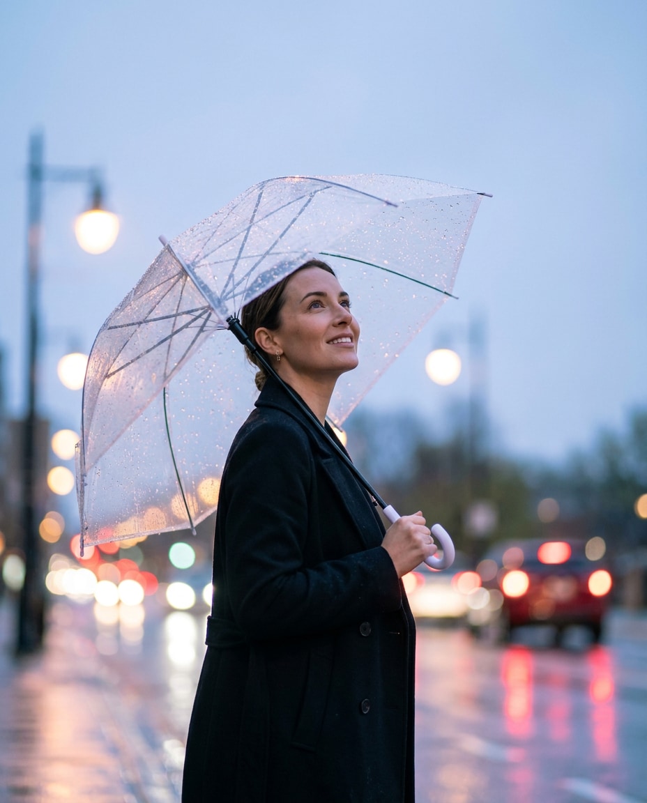 Umbrella City Bokeh AI portrait — Gemini AI Blue Hour Photo Prompt