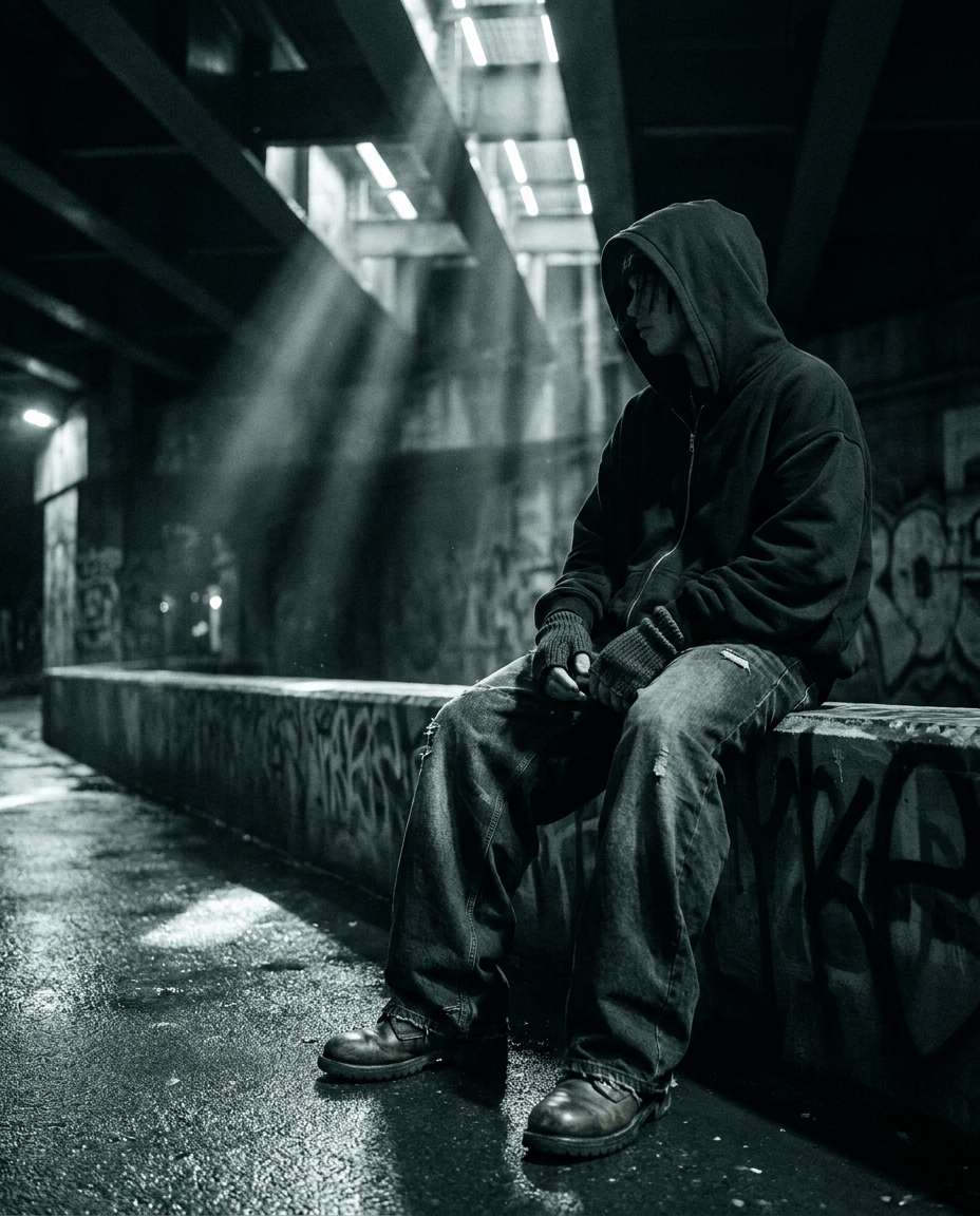 Underpass Dramatic Light AI portrait example — Gemini AI Baggy Jeans Streetwear Prompt