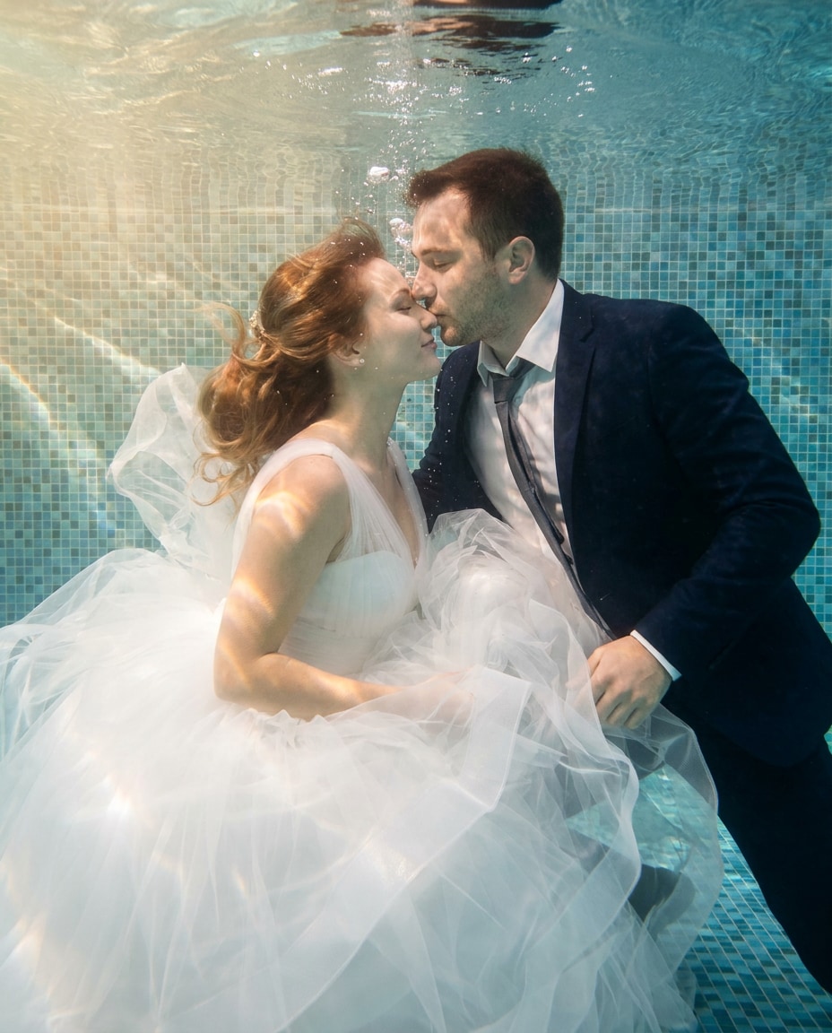 Underwater Bridal Kiss AI portrait example — Gemini AI Underwater Prompt