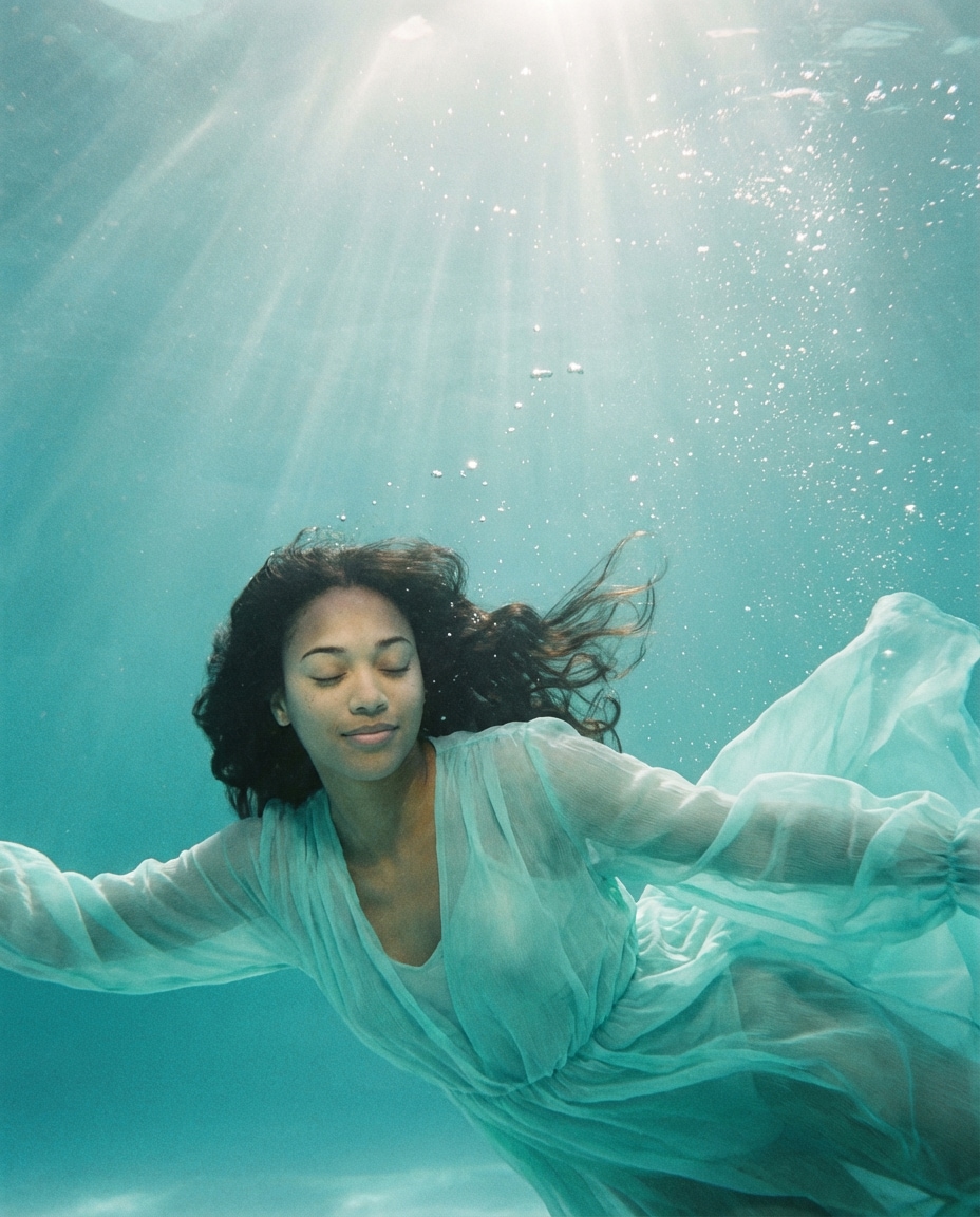 Underwater Calm Pose AI portrait example — Gemini AI Prompt Sza Over The Sea