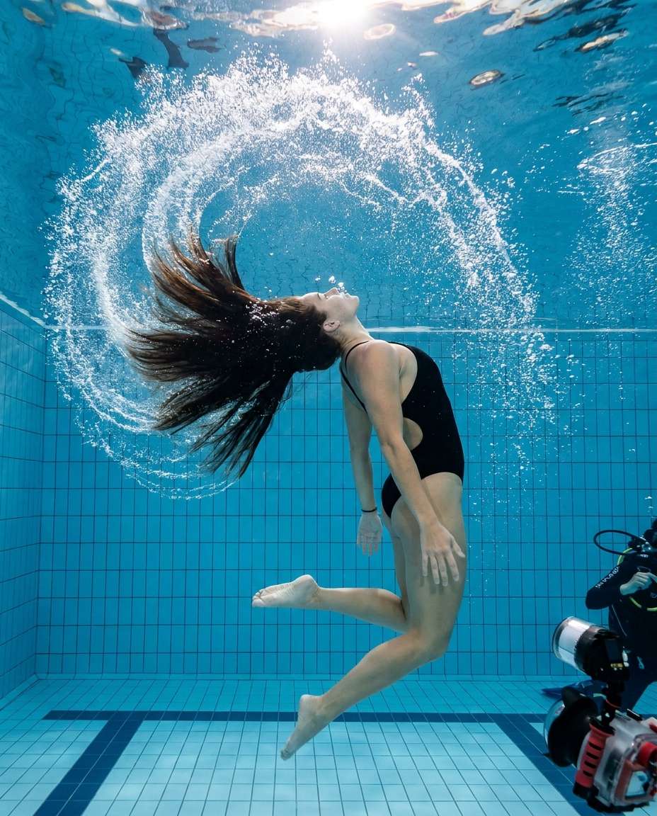 Underwater Hair Flip AI portrait example — Gemini AI Underwater Prompt