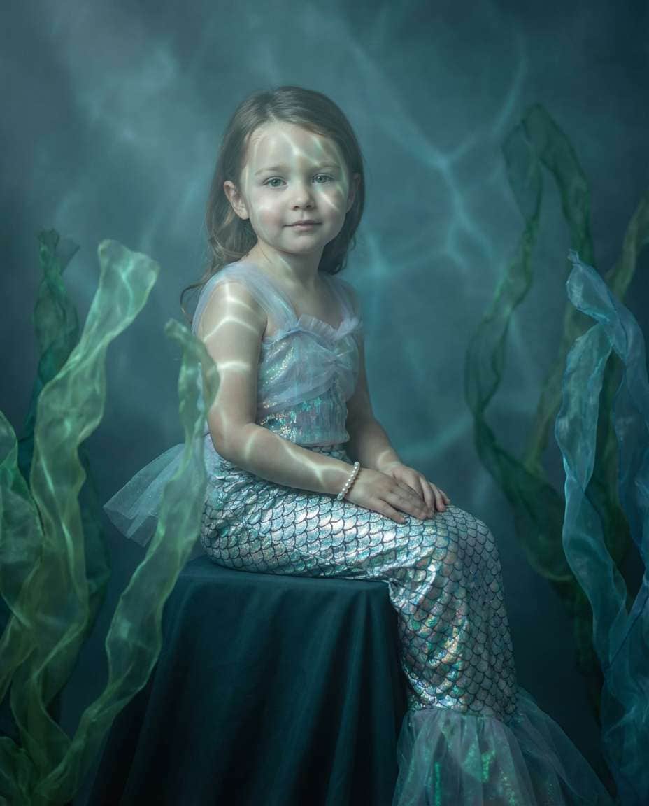 Underwater Illusion Studio AI portrait example — Gemini Mermaid Kids Photoshoot Prompts
