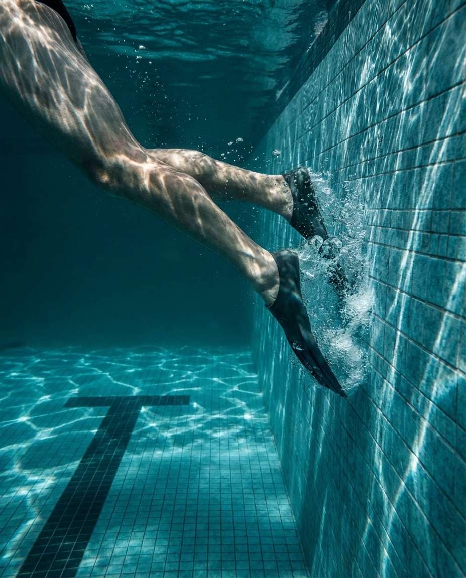Underwater Turn Push-Off AI portrait example — Gemini AI Swimmer Photo Prompts