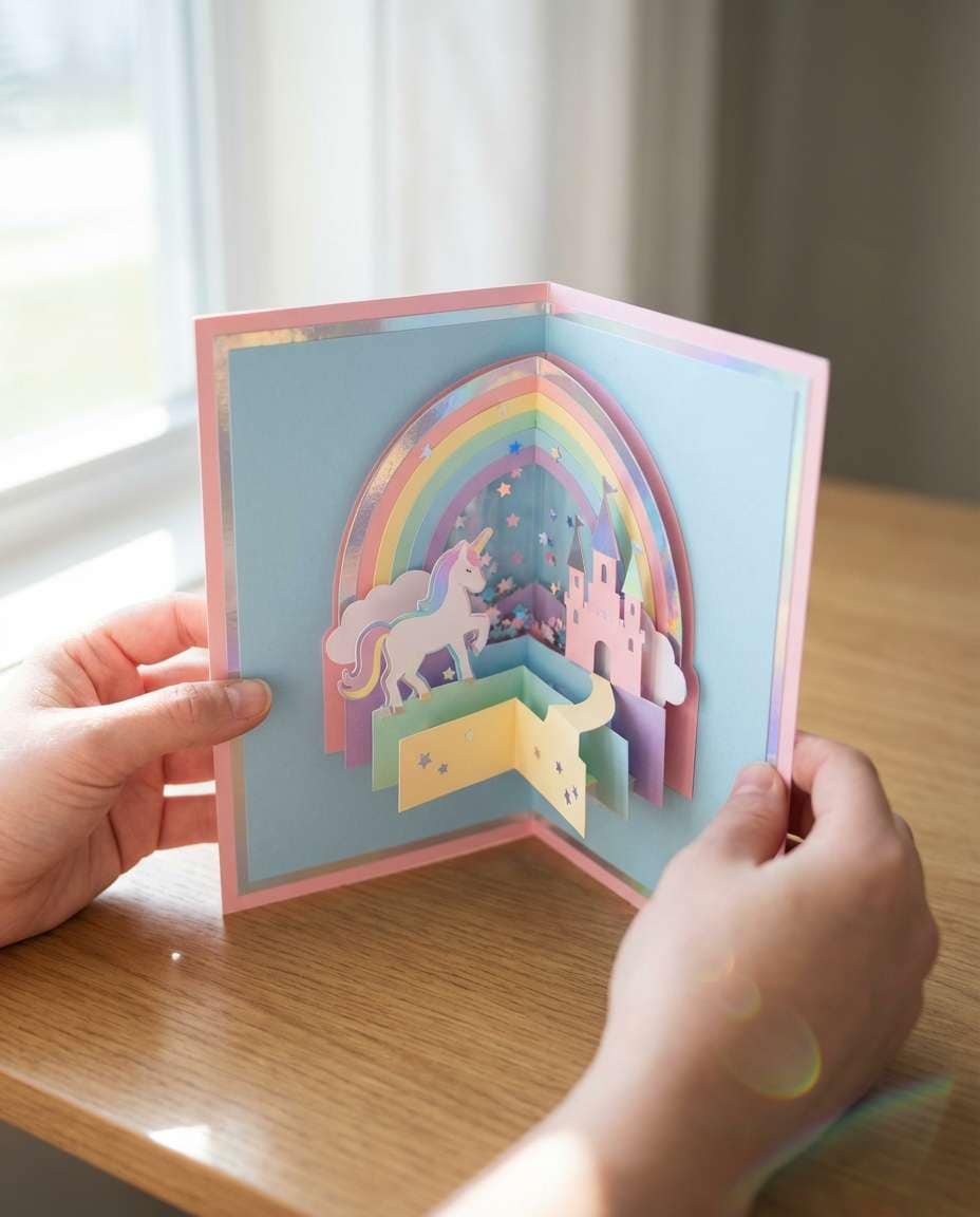 Unicorn Card Opening AI portrait example — AI 3D Pop-up Card Prompt