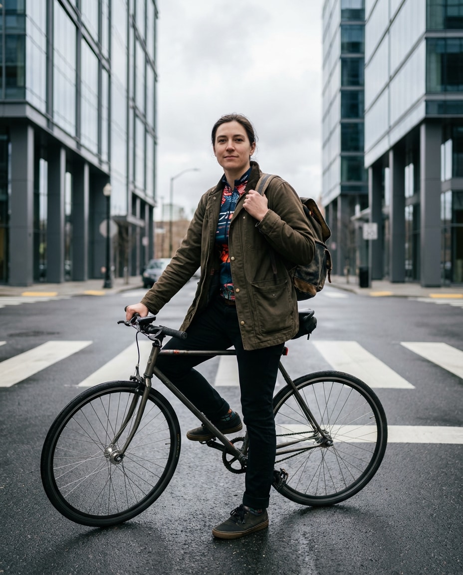 Urban Commute Cool AI portrait example — Gemini AI Cyclist Photo Prompts