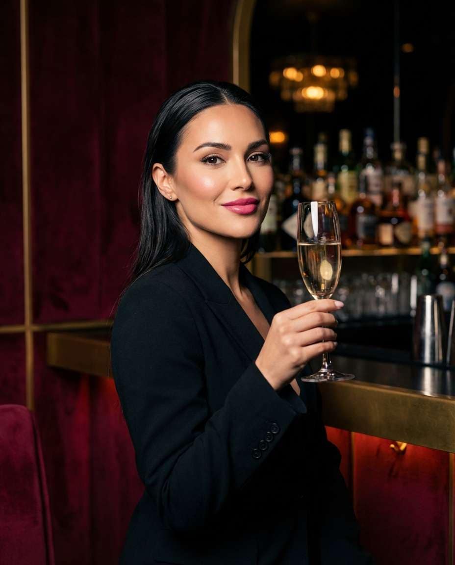 Velvet Lounge Glam AI portrait example — Gemini AI Bartender Photo Prompts