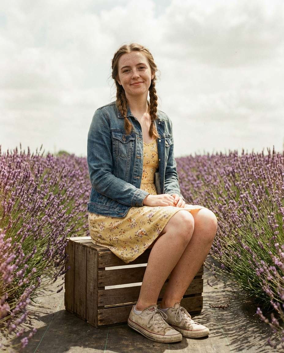 Vintage Film Grain AI portrait example — AI Lavender Field Photo