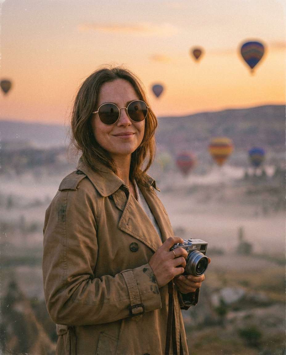 Vintage Film Traveler AI portrait example — AI Hot Air Balloon Prompts for Gemini & ChatGPT