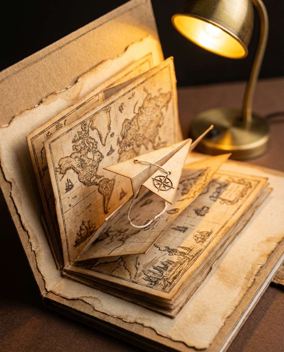 Vintage Map Adventure AI portrait example — AI 3D Pop-up Card Prompt