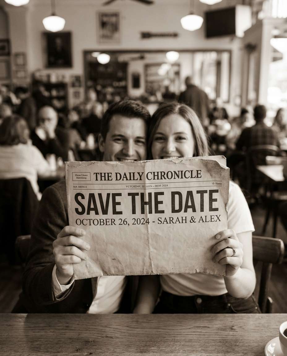 Vintage Newspaper Announcement AI portrait — Gemini AI Save The Date Prompt