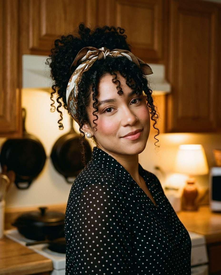 Vintage Silk Scarf Updo AI portrait example — Test 25 Curly Hairstyles with Gemini AI Prompt and See What Suits Your Texture