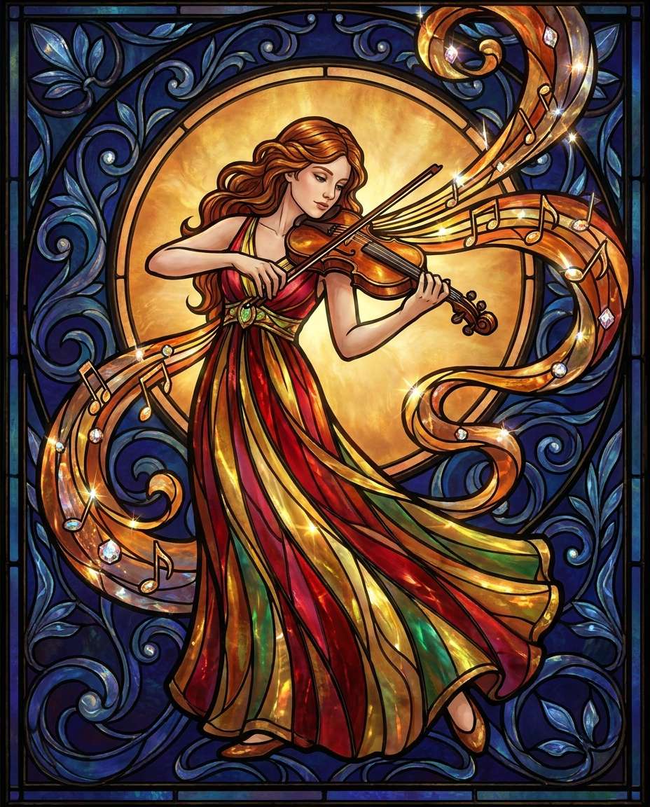 Violin Solo Glow AI portrait — Gemini AI Stained Glass Art Prompt