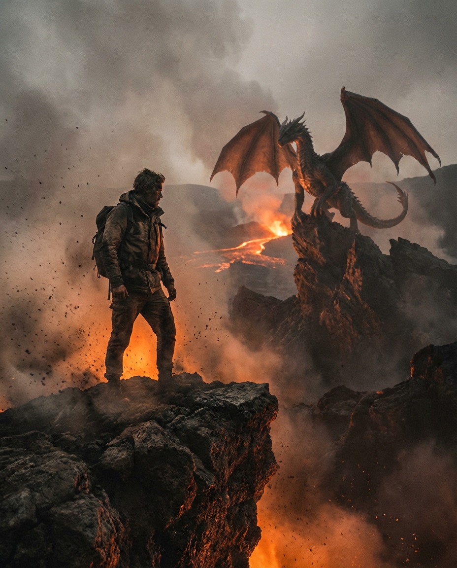Volcanic Cliff Stand AI portrait example — Gemini AI Dragon Photo Prompt