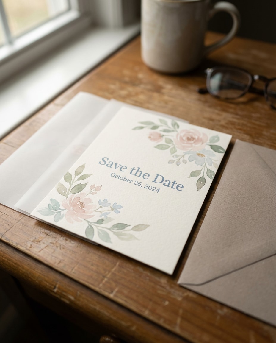 Watercolor Card Mockup AI portrait — Gemini AI Save The Date Prompt
