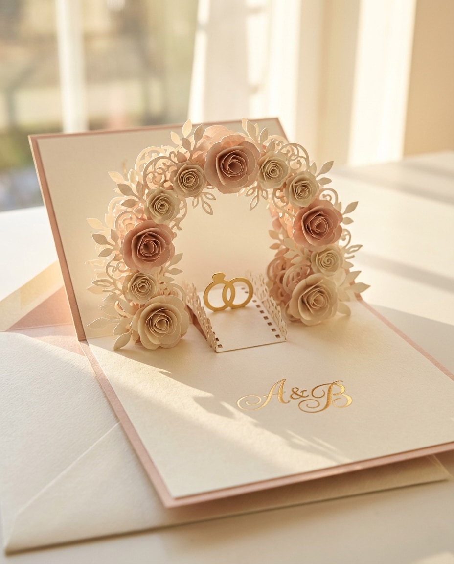 Wedding Arch Blossoms AI portrait example — AI 3D Pop-up Card Prompt