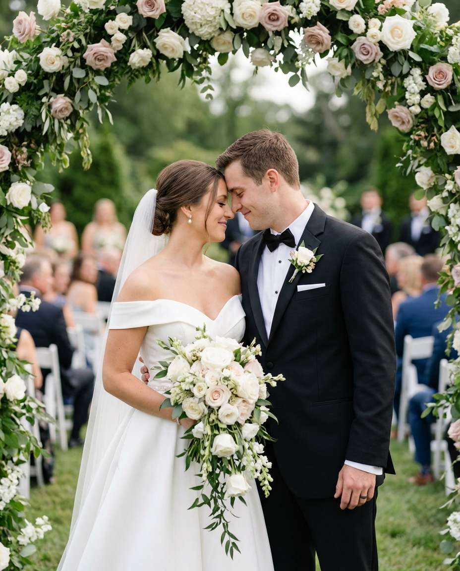 Wedding Floral Arch AI portrait example — AI Couple Flower Photo