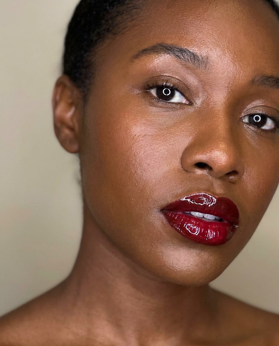 Wet Gloss Cherry AI portrait example — Gemini Lipstick Prompt