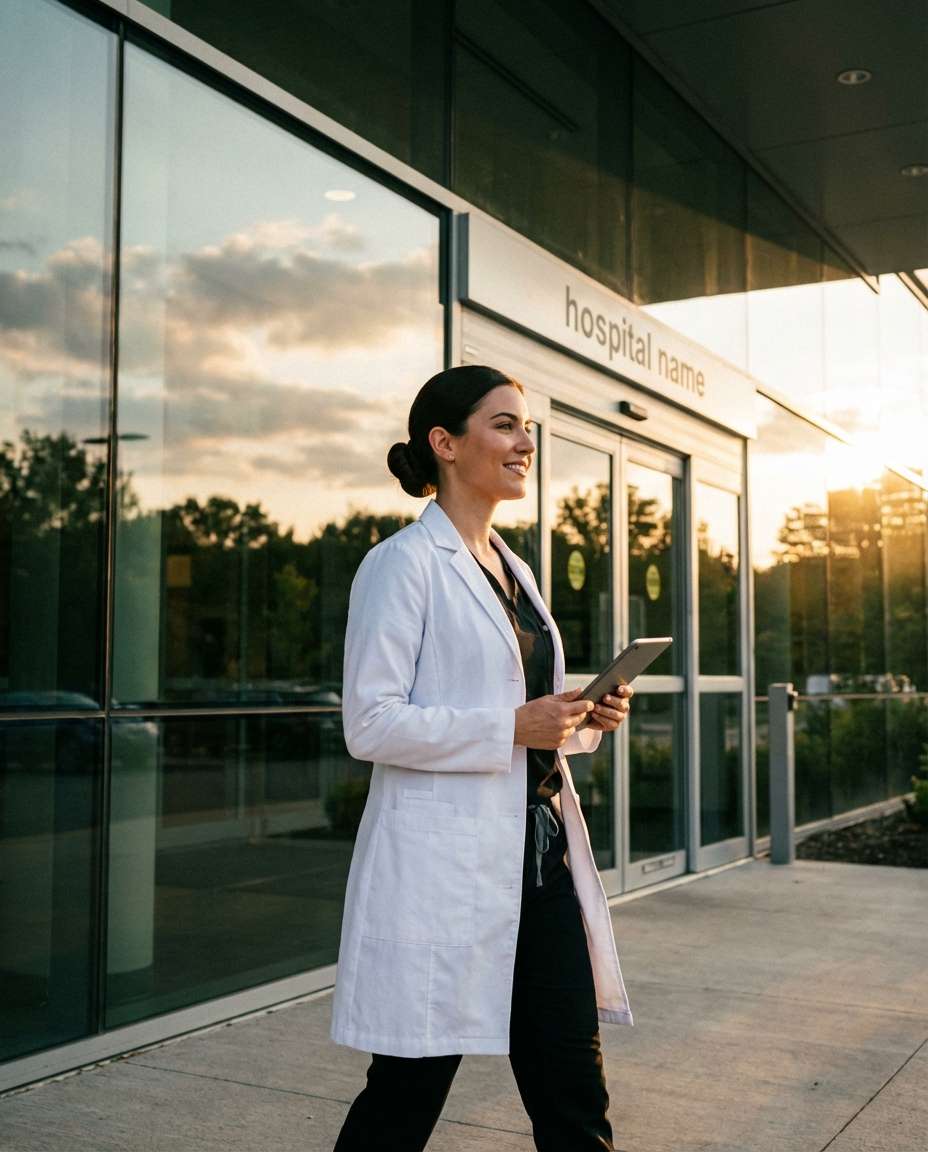 White Coat Outdoors AI portrait example — AI Doctor Photography Prompt