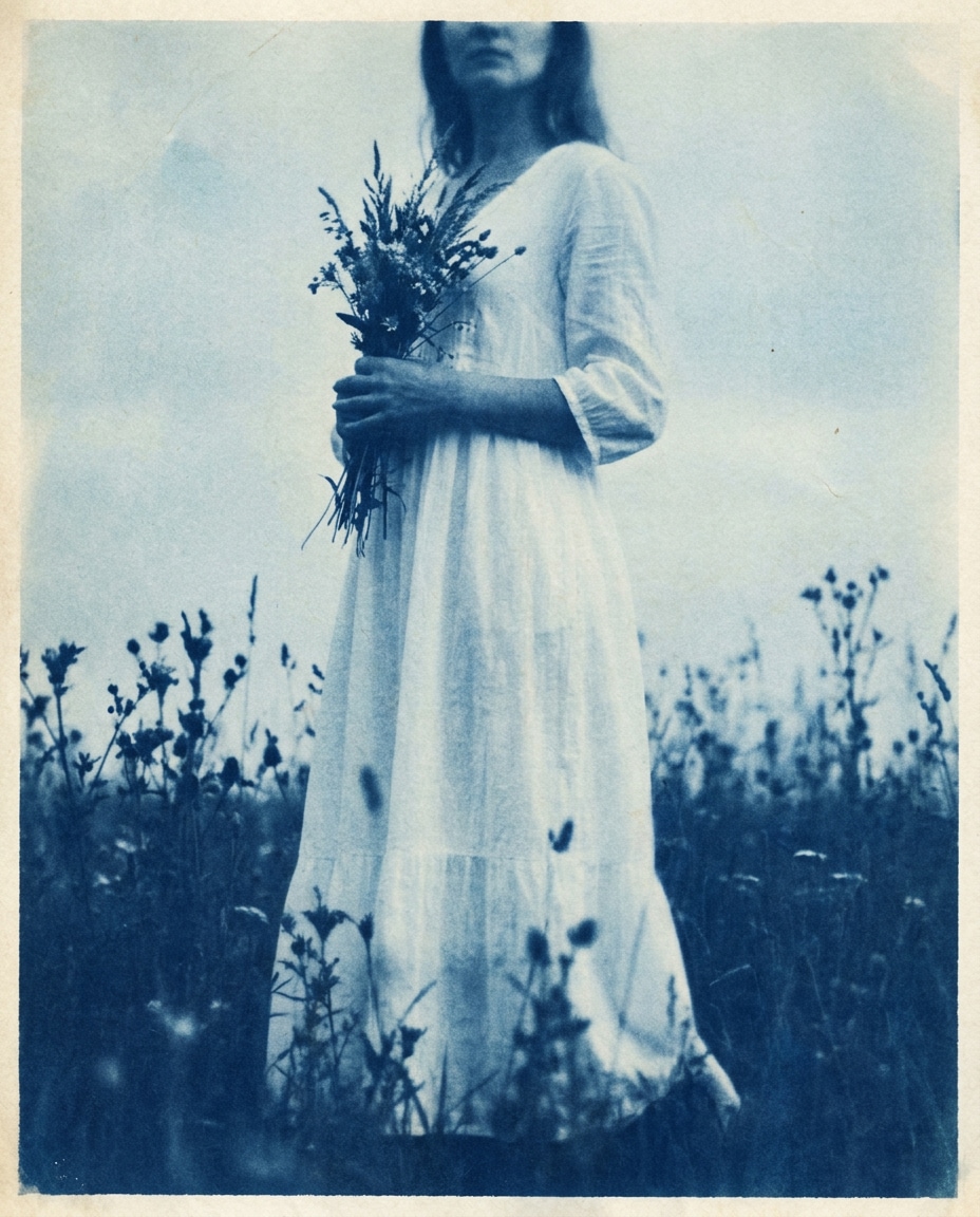 Wildflower Dress Scene AI portrait example — Free AI Cyanotype Photo Prompts for Gemini & ChatGPT
