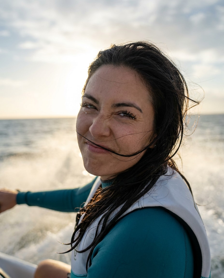 Windy Hair Whip AI portrait example — Gemini AI Jet Ski Photo Prompts for Cinematic, Realistic Action Shots
